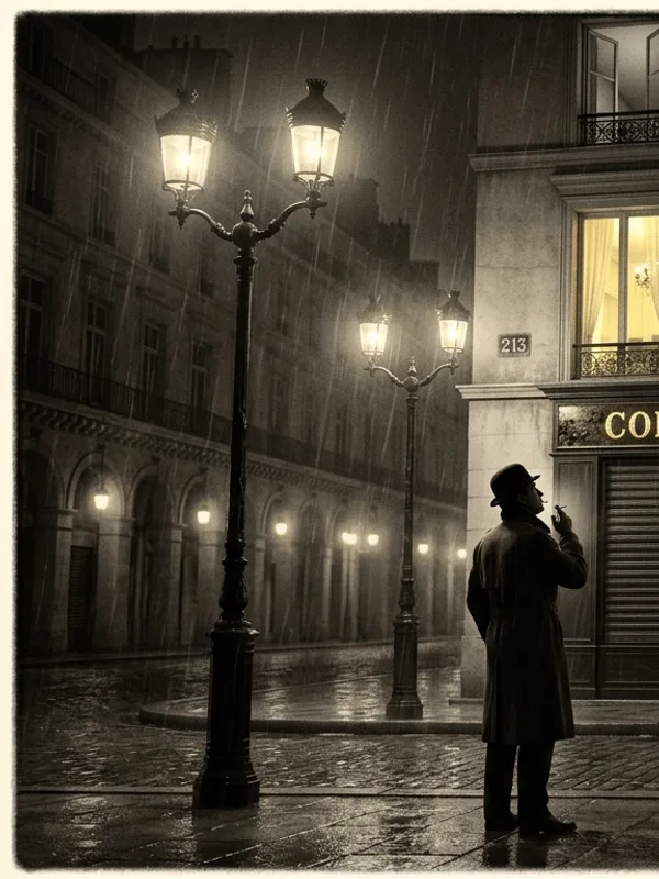 Inspecteur Decavel, 48 ans, manteau gabardine beige Burberry ceinture nouée, chapeau melon trop grand, cigarette éteinte aux doigts jaunis, debout sur le trottoir mouillé sous le réverbère orangé