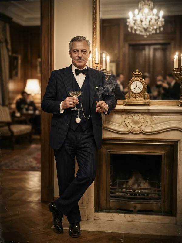 M. Krakov 50 ans à la Pension Marquise, costume trois-pièces de soirée bleu nuit à fines rayures, gilet à boutons de nacre, coupe de champagne, cigare cubain, adossé au manteau de la cheminée