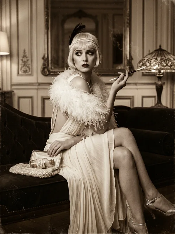Lucie Vermot, jeune actrice 24 ans, robe Vionnet en mousseline crème dos nu, fume-cigarette ivoire et jade, étole de plumes d'autruche, larme calculée sur la joue