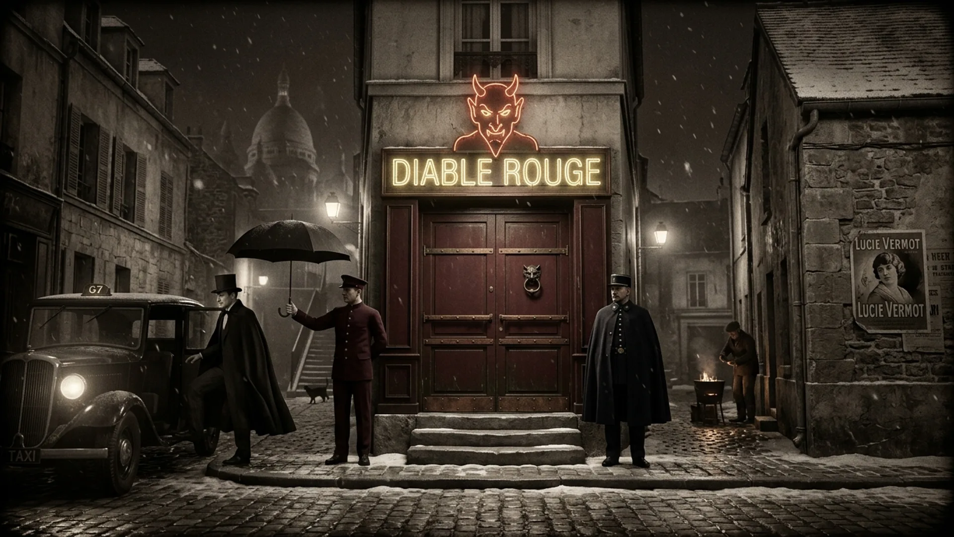 Façade nocturne du Cabaret du Diable Rouge 42 rue des Saules à Montmartre sous la neige fine, double porte battante peinte rouge sang, enseigne lumineuse à ampoules formant un diable cornu, Sacré-Cœur en silhouette au loin