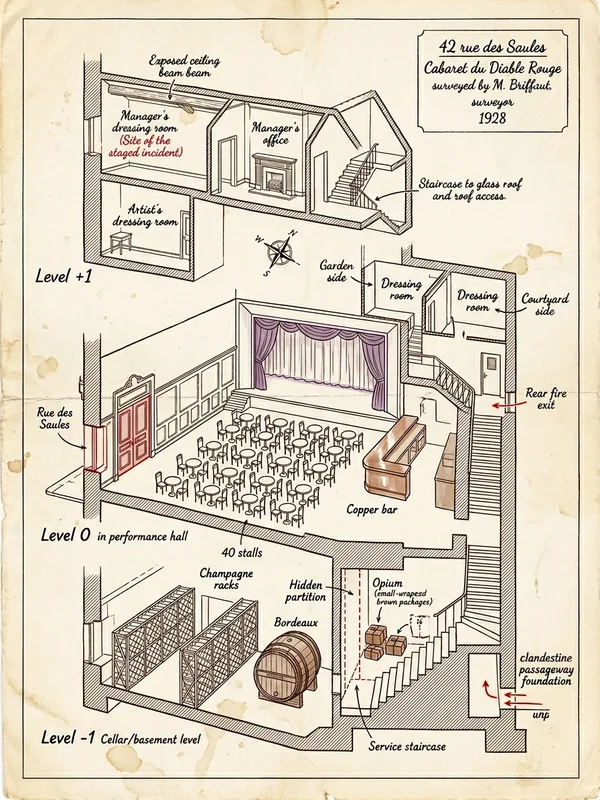 Coupe verticale du Cabaret du Diable Rouge sur trois niveaux, encre brune sur papier ivoire avec rehauts rouges aux points clés : cave avec opium, salle de spectacle, loges et bureau Lardent à l'étage