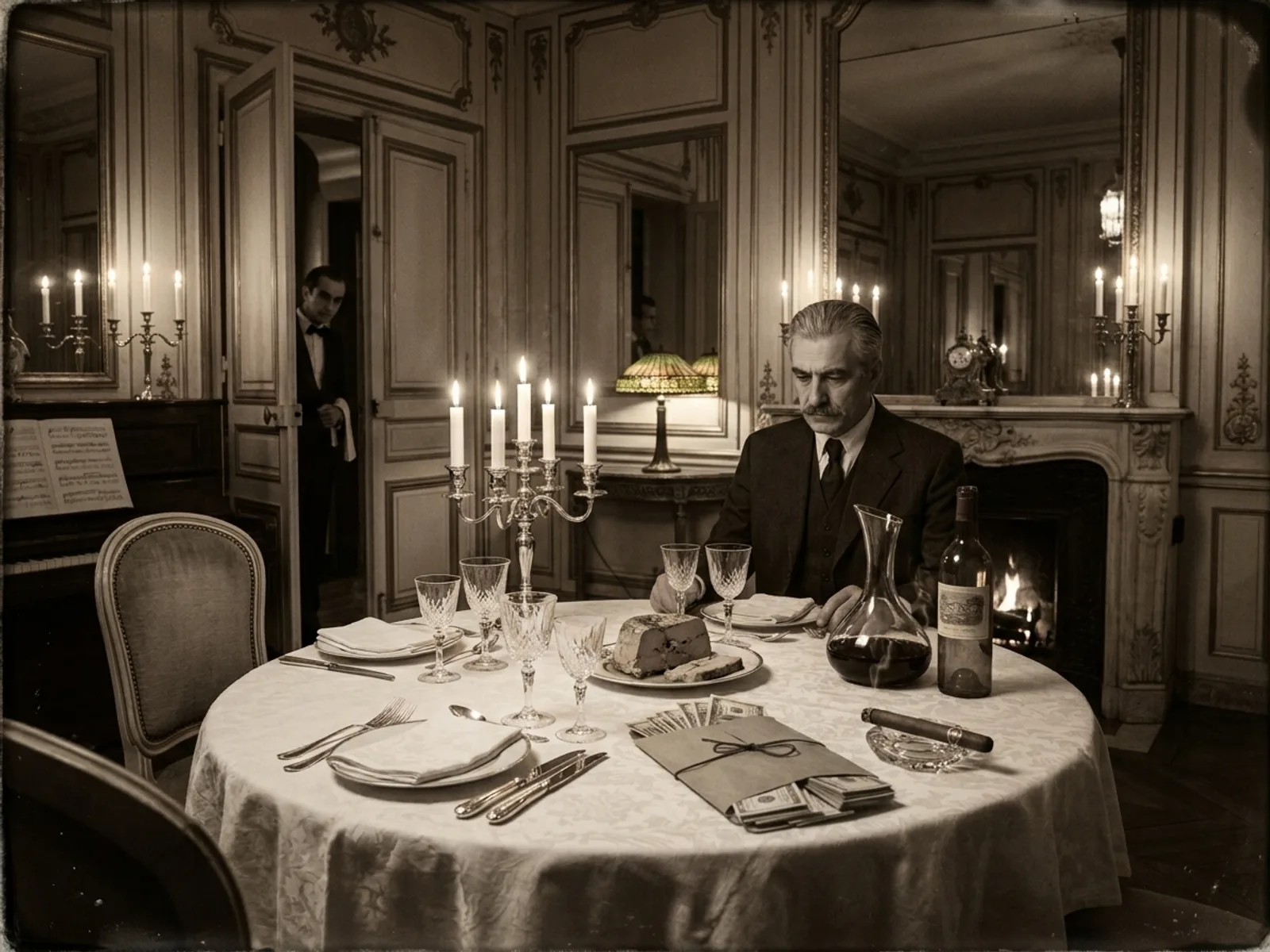 Salon privé du Café Anglais boulevard des Italiens, boiseries crème et or, table ronde dressée pour cinq, candélabres à six branches en argent, terrine de foie gras et Château Lafite, enveloppe kraft brune fermée par cordelette rouge à côté de l'assiette de Krakov