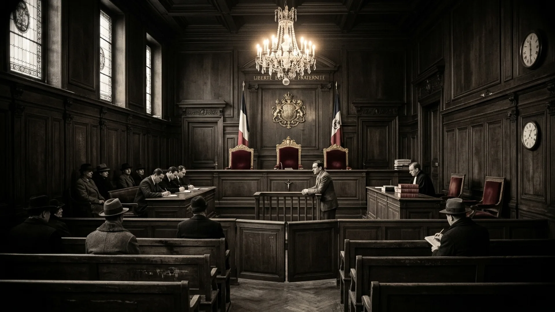 Salle 8 du tribunal correctionnel de la Seine vue depuis le fond, boiseries en chêne sculpté, estrade avec trois fauteuils de juges, drapeaux tricolores, devise Liberté Égalité Fraternité en lettres dorées, public clairsemé sur les bancs