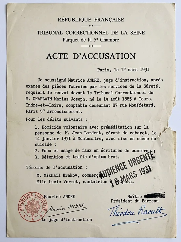 Acte d'accusation République Française tribunal correctionnel de la Seine 5e chambre, papier filigrané dactylographié, charges contre M. Chaplain Marius Joseph pour homicide volontaire et trafic de stupéfiants, signature Maître Théodore Raoult