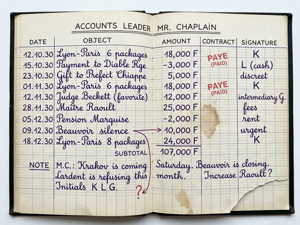 Cahier d'écolier à couverture cartonnée noire ouvert sur double page quadrillée Seyès, écriture à la plume encre violette, colonnes alignées date objet montant contrepartie signature, tampons rouges payé, initiales K et L et G