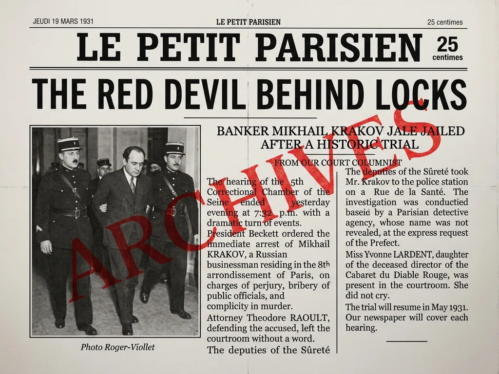 Une du Petit Parisien édition du 19 mars 1931, gros titre Le Diable Rouge sous les verrous, le banquier Mikhaïl Krakov écroué après un procès historique, photo de Krakov sortant menottes aux poignets
