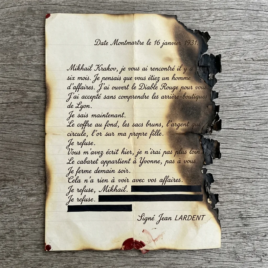 Demi-feuille de papier crème vergé, calcinée sur la moitié droite, écriture à la plume encre noire devenue brune, signée Jean Lardent et adressée à Mikhaïl Krakov, datée du 16 janvier 1931