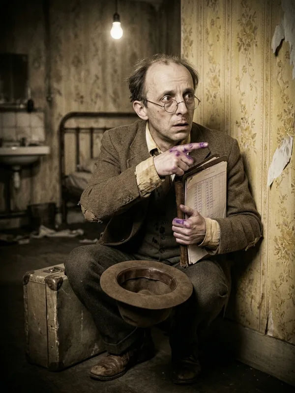 Marius Chaplain, comptable fragile 45 ans, calvitie naissante, lunettes rondes en métal, veste de tweed marron usée, accroupi dans une encoignure de chambre d'hôtel sordide protégeant un dossier en cuir