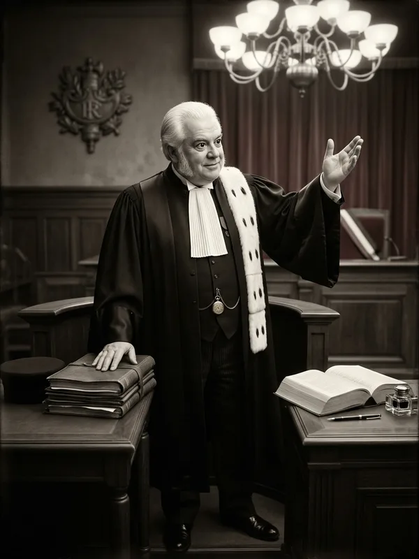 Maître Théodore Raoult, avocat 60 ans, robe d'avocat noire avec rabat blanc plissé et épitoge à hermine, cheveux blancs neigeux, debout à la barre main droite levée en geste oratoire ample