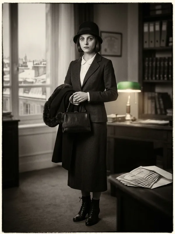 Yvonne Lardent, jeune femme 22 ans en tailleur de deuil gris foncé, chapeau cloche à voilette légère, sac à main noir tenu à deux mains, regard direct presque dur, liasse de 800 francs déposée sur le bureau