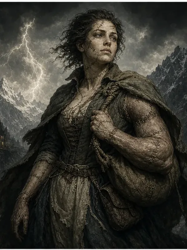 Anna l'Ouvrière, créature successive Frankenstein, corps de couturière avec bras de docker, sutures à l'épaule, cape de berger alpin