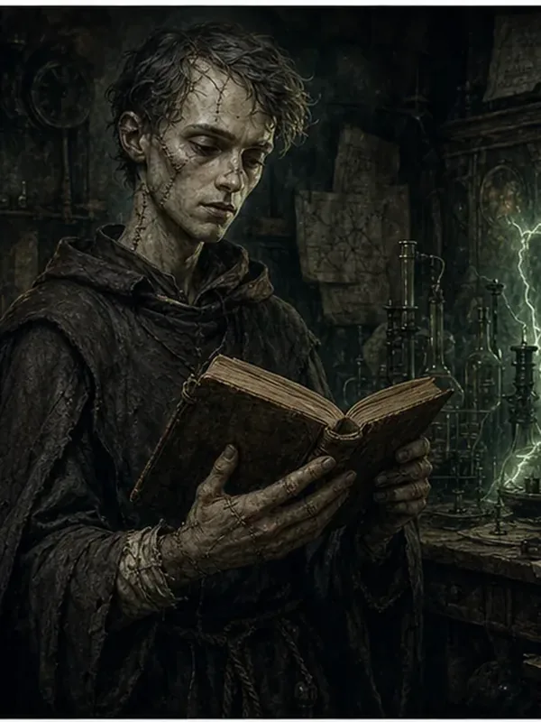 Aldous le Lettré, créature Frankenstein avec cerveau d'universitaire et peau patchwork, robe de moine, cauchemars de galvanisme