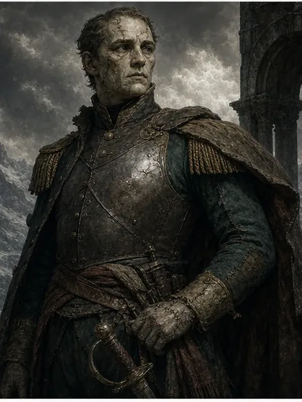 Pavel le Soldat, vétéran Waterloo recousu, cuirasse de chasse, mémoire de batailles qu'il n'a pas vécues, créature Frankenstein