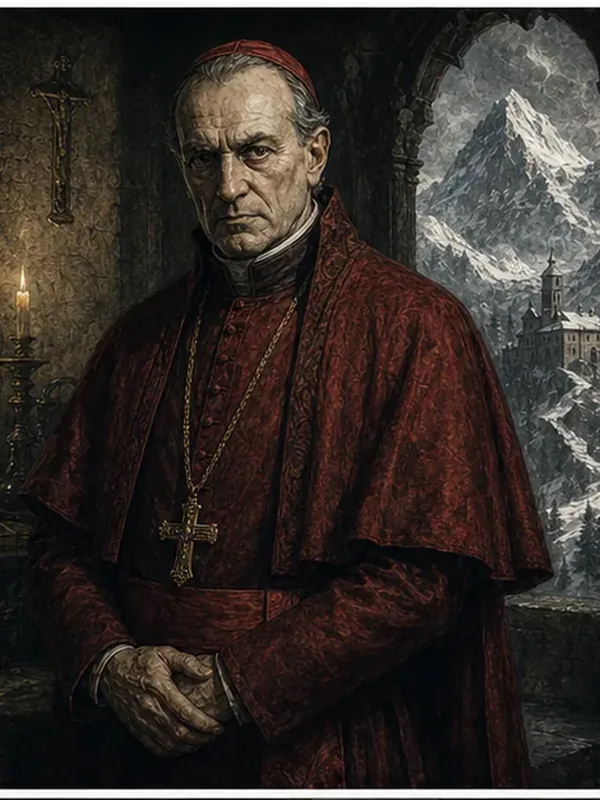 Cardinal Astralis, prélat sévère en cape de cuir bordée d'or, regard bleu glacial, croix d'argent à la ceinture