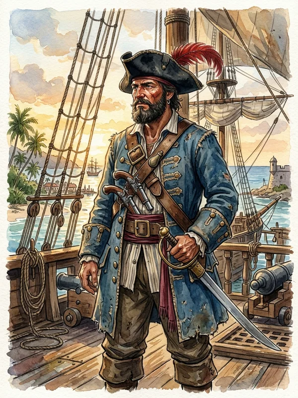 Capitaine Octave Corneille, capitaine corsaire français quarante ans, vareuse marine bleue, tricorne noir, sabre marin à garde en panier, lunette de marine au cou, journal de bord ouvert sur la dunette de L'Écume du Sud