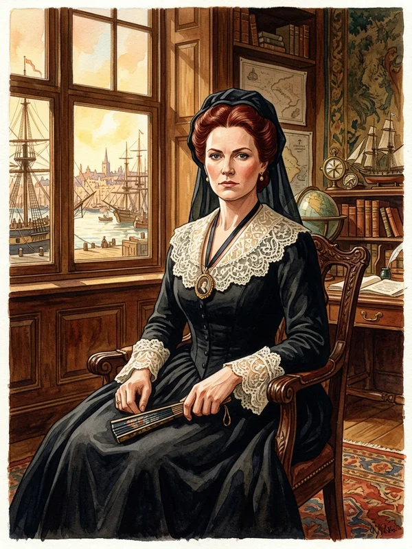 Veuve Marie Rouvière, trente-cinq ans, robe noire de deuil officiel, voile court, médaillon de Jérôme Rouvière au cou, sacoche de cuir noir contenant les trois contrats inachevés, livre de comptes relié veau ouvert sur le bureau