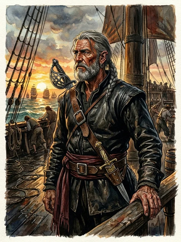 Quartier-maître Caleb Carew, ancien quartier-maître pirate trente-deux ans, gilet de cuir clouté sous chemise large, sabre marin à la ceinture, deux pistolets flintlock, tatouage d'ancre sur l'avant-bras gauche dissimulé sous la manche, papier d'amnistie de Nassau dans une bourse de cuir cousue à la ceinture