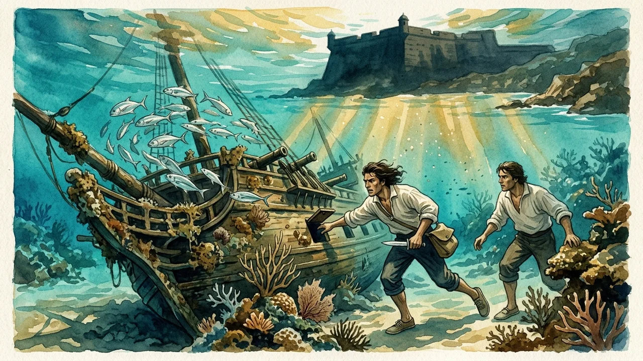 Plongée libre dans la baie de Cartagena Isla del Rosario sur novembre 1751, eau turquoise translucide neuf brasses de fond, galion espagnol Santa María de la Trinidad couché sur le flanc parmi les coraux, coque éclatée à l'avant ensevelie au tiers dans le sable blanc, Caleb Carew chemise large gonflée d'eau retenant son souffle vers un sabord ouvert, deux mousses cubains derrière lui paniers tressés à la main, banc de poissons argentés en arc, mérou solitaire qui observe, rayons de lumière descendants en colonnes, sceaux de cire noircie sur trois coffres affleurants, atmosphère contemplative