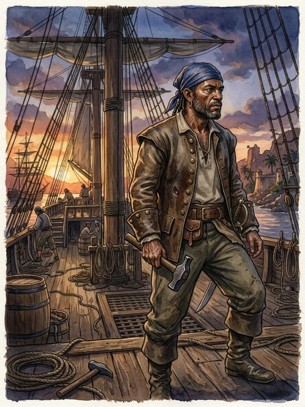 Captain Sam Hawkins soixante-deux ans, trois doigts manquants à la main droite repliée sur ses genoux, redingote brune fanée aux coudes usés, chemise blanche col ouvert, cheveux gris coupés ras, regard bleu pâle fatigué qui fixe la caméra, posture droite mais épaules tombantes, fond de véranda en bois sombre avec rambarde donnant sur la mer turquoise floue, expression de juge de paix qui dort mal depuis quatorze ans, lumière chaude de fin d'après-midi