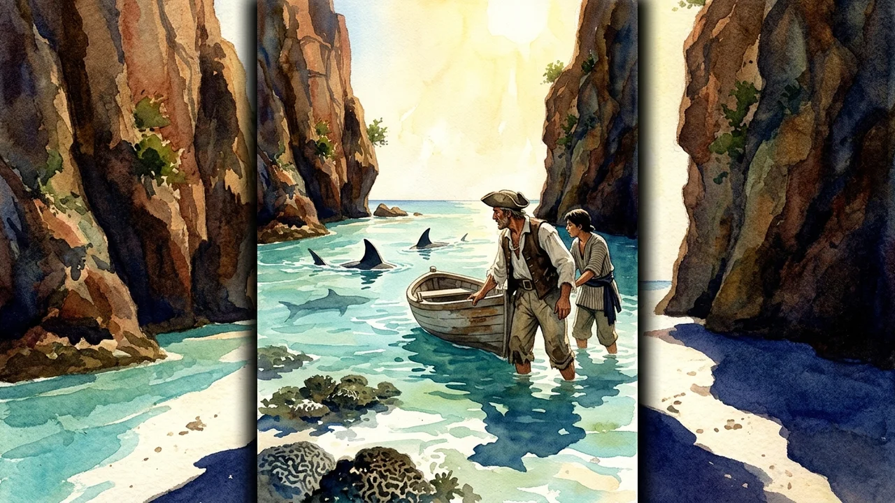 Ruines extérieures de l'ancienne base pirate de Cay Lobo mars 1752 milieu de matinée, cuisines effondrées avec marmites de cuivre verdies sur trépied rouillé, dortoirs envahis de lianes tropicales et de cocotiers en jeunes pousses, magasin de poudre éventré aux murs noircis, plan général lisible avec passages à demi déblayés, équipage en chemise large pioche à la main, Étienne Aubert lunettes cerclées de fer en redingote brune dresse un plan sur sa planche à dessin, lumière du soleil filtrée par les ruines, atmosphère de fouille méthodique