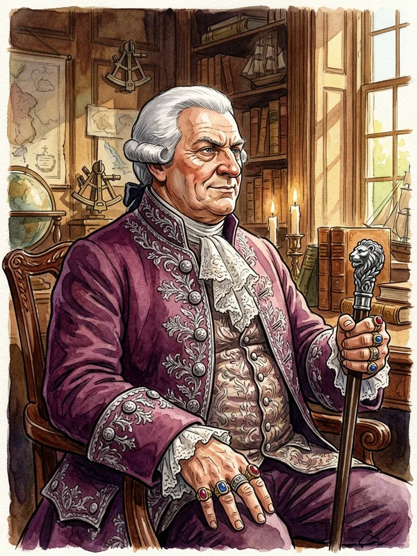 Lord Fitzroy gouverneur titulaire de la Jamaïque soixante ans, perruque blanche soigneusement poudrée à boucles encadrant le visage, redingote rouge à passements or doublée de soie crème, jabot de dentelle blanche en cascade, regard gris fatigué d'autorité, posture droite assise dans un fauteuil de cuir d'acajou, mains jointes sur les genoux ornées d'une chevalière à sceau royal, fond de bibliothèque coloniale aux reliures de cuir au dos doré, lumière chaude du matin par baies vitrées