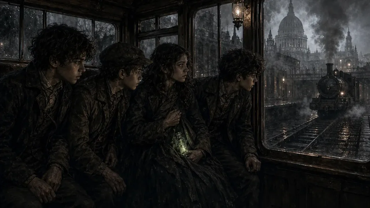 Train de nuit Euston-Édimbourg sous la pluie, fenêtre embuée, silhouettes adolescentes en couchette de troisième classe