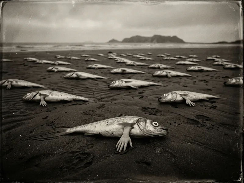 Plage de sable noir à marée basse, dizaines de poissons morts orientés vers l'horizon, certains avec des excroissances ressemblant à des doigts humains
