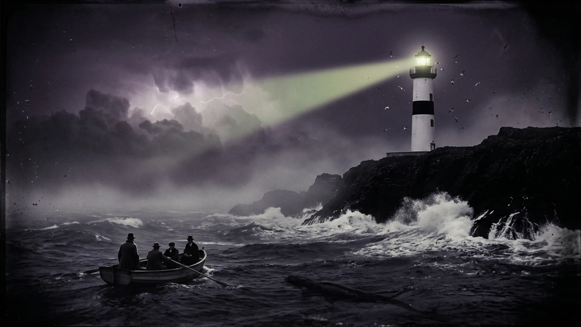 Phare blanc isolé sur l'Île-aux-Moines, tempête nocturne, faisceau lumineux balayant la mer noire