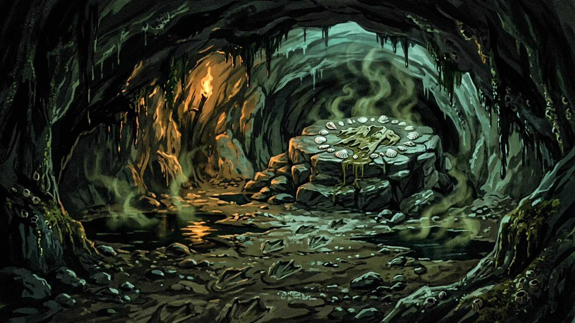 Grotte sous-marine, autel de pierre brut, coquillages disposés en spirale, chemise déchirée d'Yves au centre, traces de pas palmés sur la boue