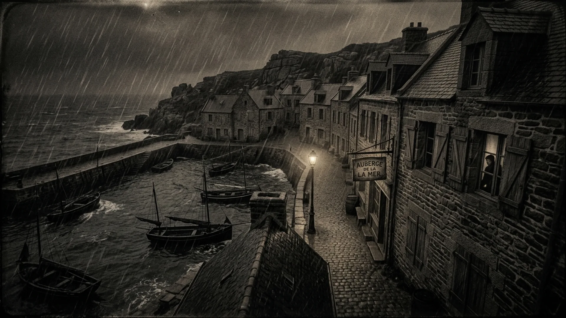 Port de pêche breton de Ker-Ys sous la pluie, maisons en granit gris, bateaux noirs sur eau noire, lampadaire à gaz devant l'Auberge de la Mer