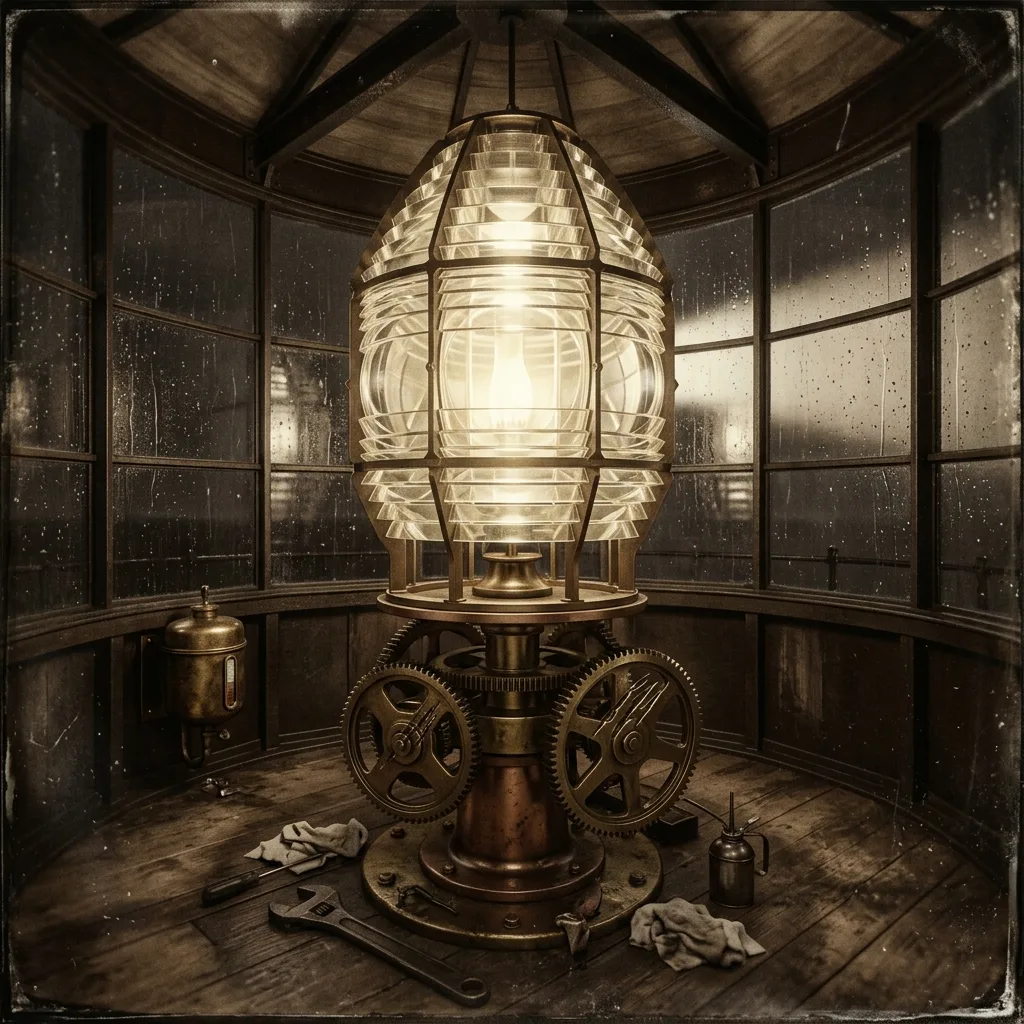 Salle de la lanterne du phare, lentille de Fresnel monumentale, mécanisme de cuivre rayé par des griffes, vitres trempées de pluie