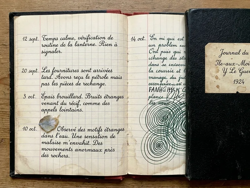 Journal de bord d'Yves Le Guen ouvert, cahier d'écolier à couverture noire, pages humides gondolées, dernière entrée envahie de spirales