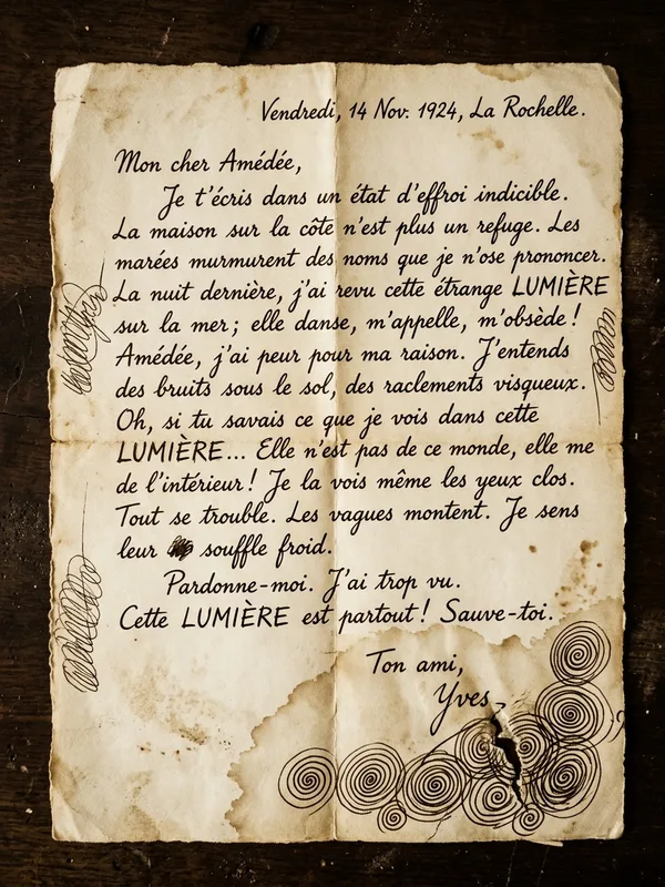Lettre manuscrite d'Yves Le Guen sur papier vélin jauni, encre noire virée brune, spirales compulsives en marge