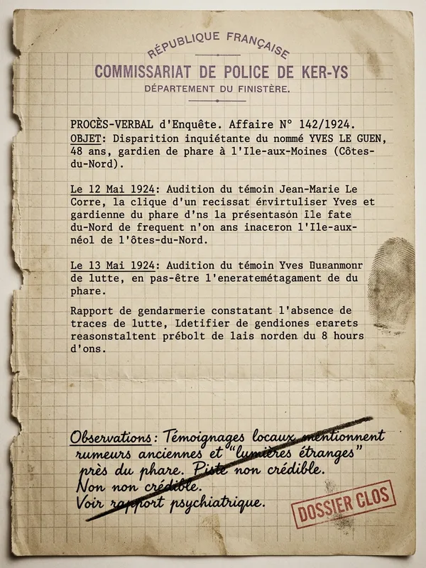 Page arrachée du rapport de police de Ker-Ys, en-tête République Française 1924, note manuscrite raturée au crayon gras