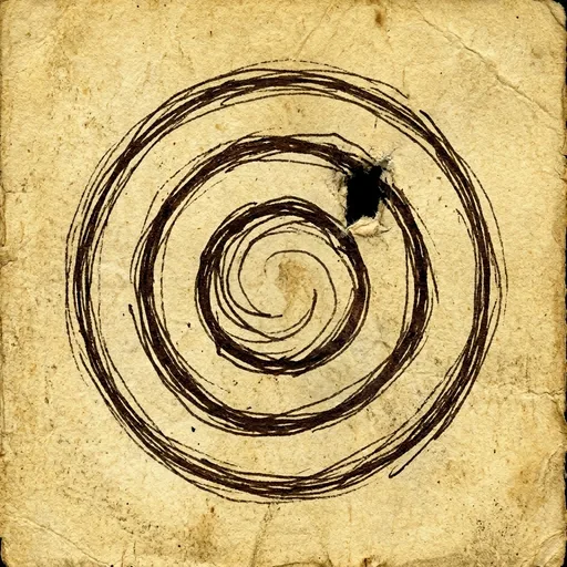 Spirale obsessionnelle dessinée à la plume, encre brune sur papier jauni