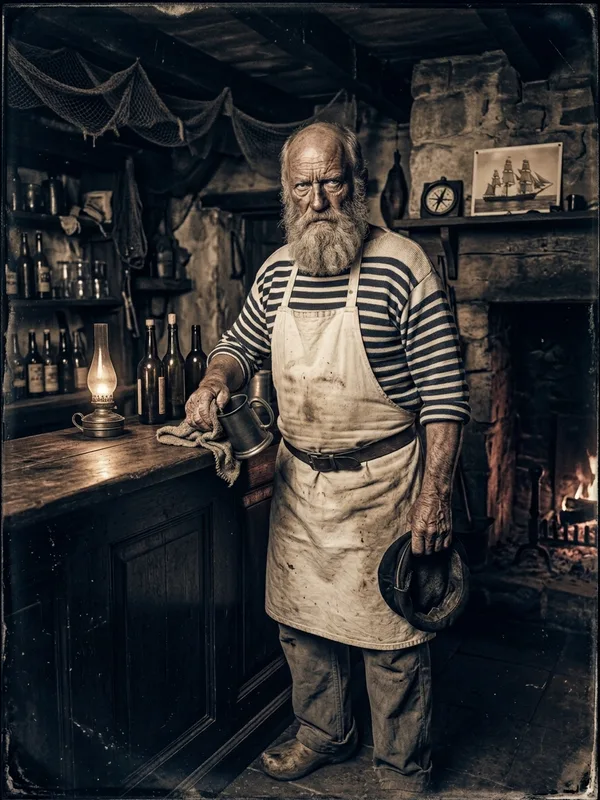 Loïc, vieux marin breton de 65 ans, barbe grise et tricot rayé, derrière le comptoir de l'auberge
