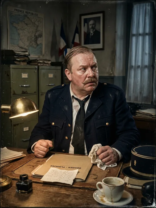 Commissaire Plouézec, homme de 50 ans en uniforme bleu marine, transpirant, mouchoir blanc à la main, dossier ouvert sur le bureau
