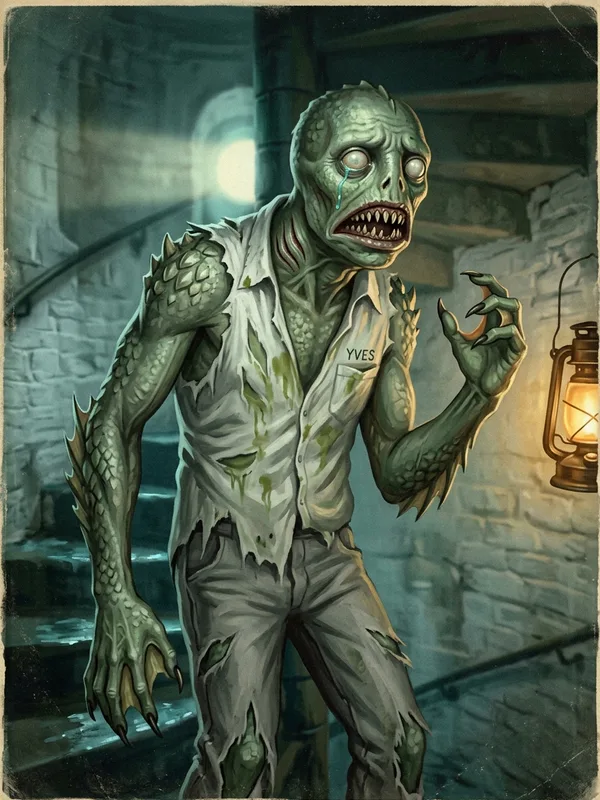 Yves Le Guen transformé en Hybride Profond, peau vert-gris écailleuse, yeux jaunes encore humains, larme cyan sur la joue, chemise brodée déchirée