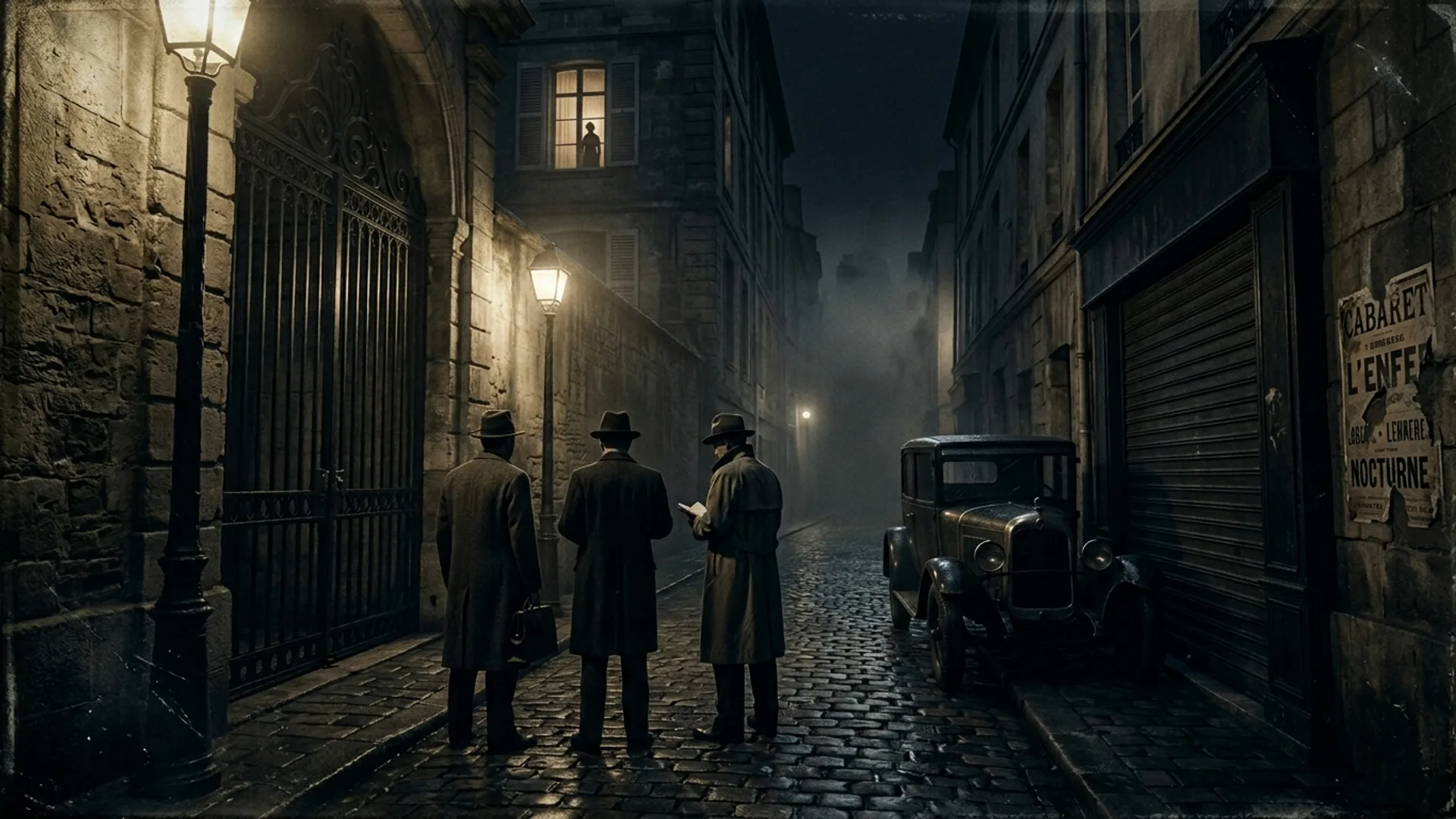 Ruelle pavée du Marais parisien la nuit, brouillard de gaz, façade XVIIe siècle d'un hôtel particulier, Citroën B12 garée, silhouette féminine à la fenêtre