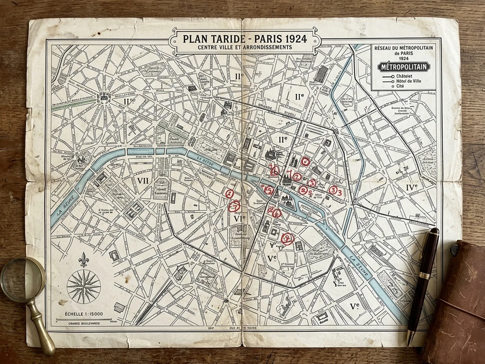 Carte tactique style plan Taride 1924 des arrondissements parisiens centraux, points d'intérêt de l'enquête numérotés