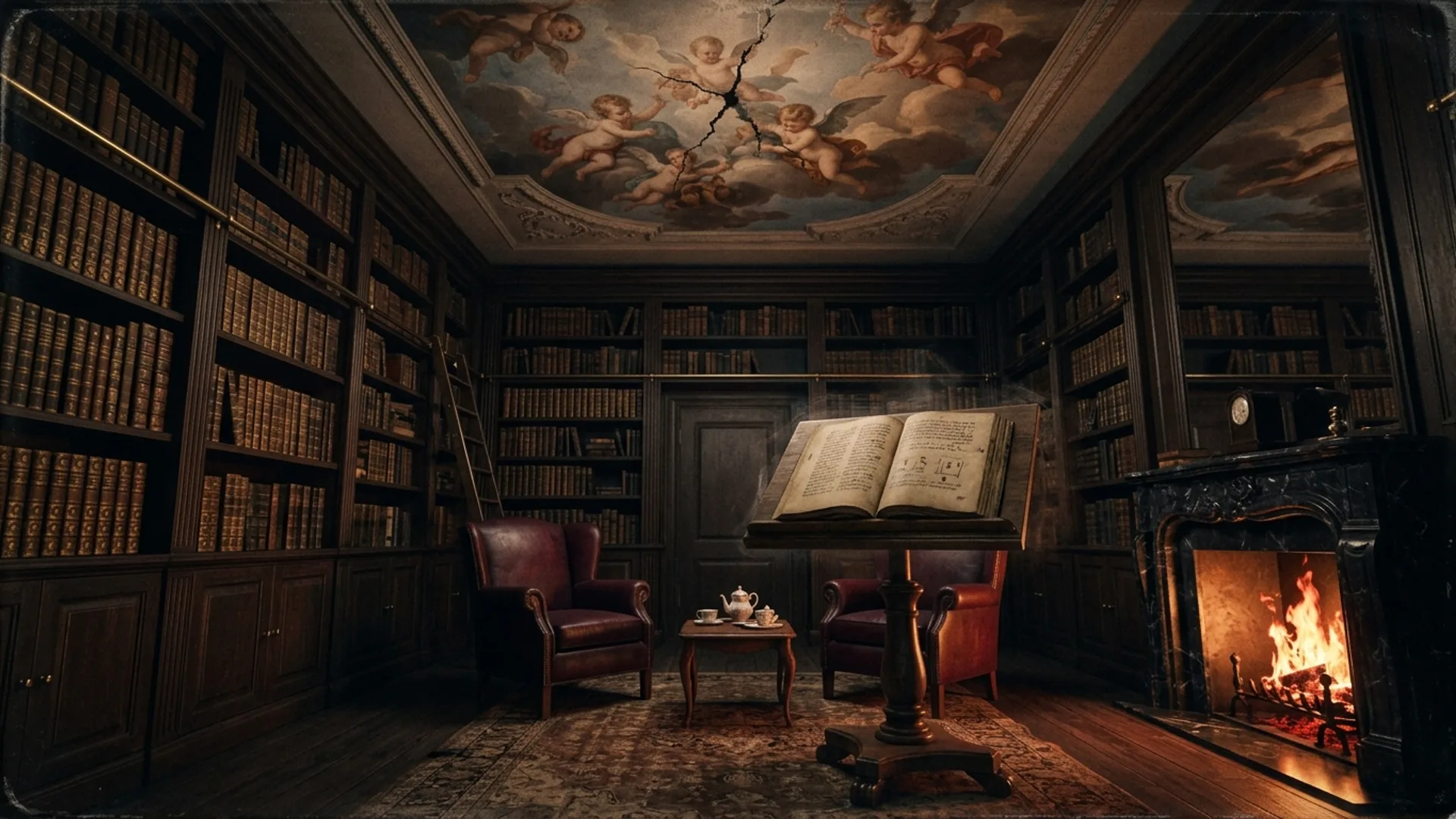 Bibliothèque privée d'Augustine Vasseur, trois mille volumes reliés cuir, deux fauteuils Voltaire bordeaux, pupitre central avec manuscrit copte ouvert, fresque baroque au plafond