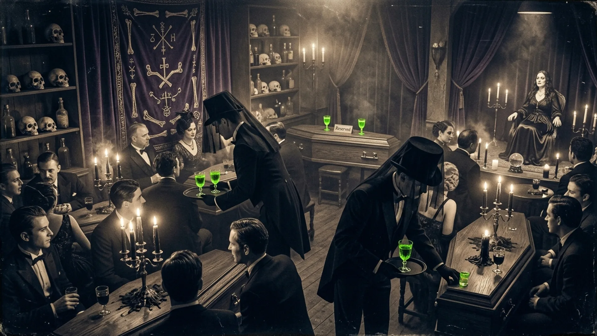 Cabaret du Néant à Montmartre, tables en forme de cercueil, serveurs en costume de croque-mort, absinthe verte fluorescente, crânes humains sur étagère