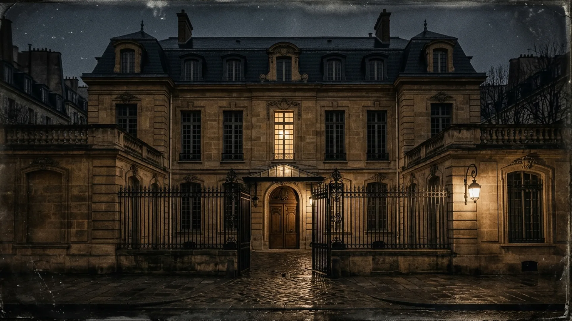 Façade XVIIe siècle de l'hôtel particulier Vasseur, rue de Sévigné, grille en fer forgé ouverte, fenêtre du second étage allumée