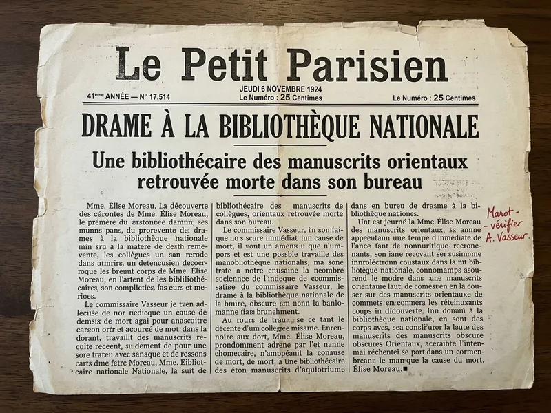 Coupure de presse du Petit Parisien du 6 novembre 1924, titre Drame à la Bibliothèque Nationale, mention manuscrite au crayon rouge en marge