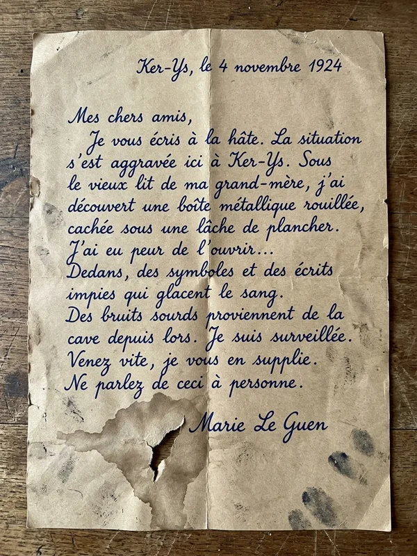 Lettre de Marie Le Guen accompagnant le colis, papier kraft brun, écriture cursive bleue, datée du 4 novembre 1924