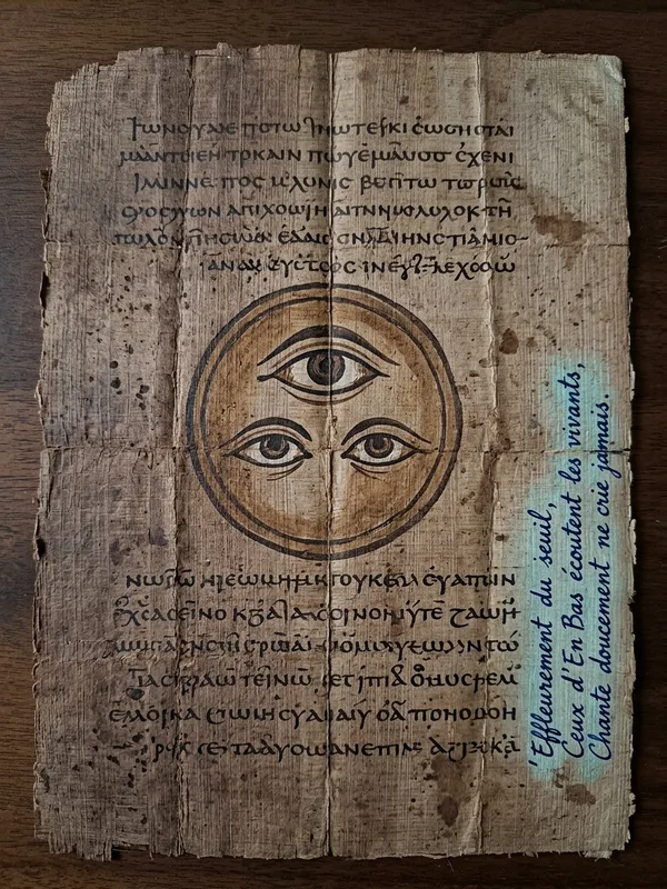 Page du manuscrit copte sur papyrus brun foncé, écriture serrée, enluminure des trois yeux en triangle au centre, annotations en français en marge