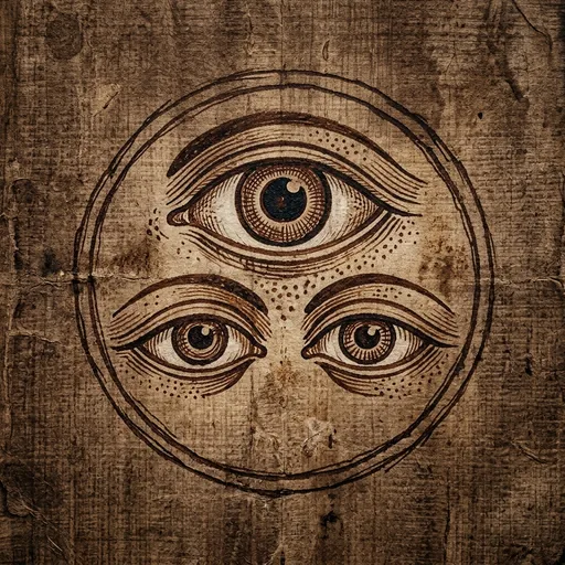 Sceau copte des trois yeux disposés en triangle, encre brune sur papyrus