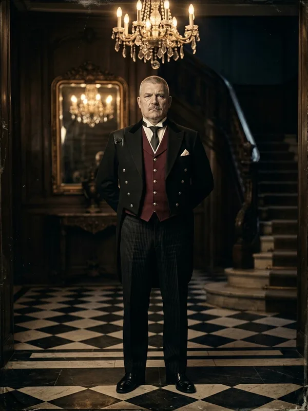 Bertaud, valet de 55 ans, ancien soldat, livrée noire, gants blancs impeccables, posture militaire raide