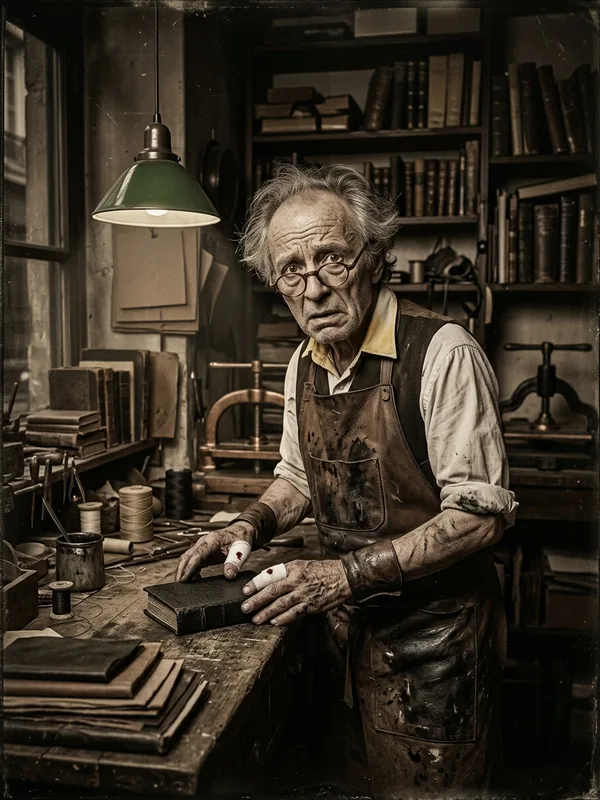 Émile Crozier, éditeur clandestin de 60 ans voûté, lunettes rondes en écaille, mains tachées d'encre, pansements blancs aux pouces
