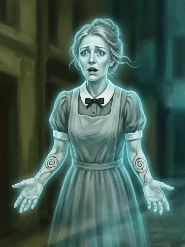 Henriette Marot, fantôme rémanent translucide d'une bibliothécaire de 45 ans, robe-tablier grise, spirales tracées au sang séché sur les avant-bras